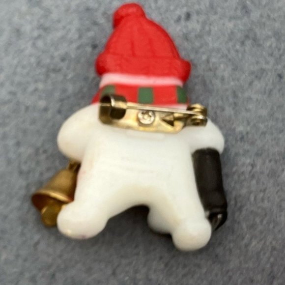 Christmas Pin Brooch Snowman White Gold Bell Red Hat Green Scarf Ice Skates - Picture 3 of 6